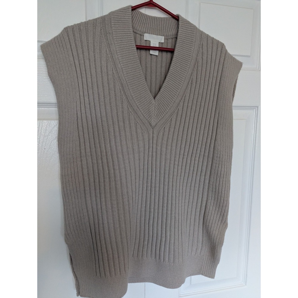 H&M Ribbed Knit V Neck‎ Oversized Loose Sweater Vest Size XS Taupe Beige Cream